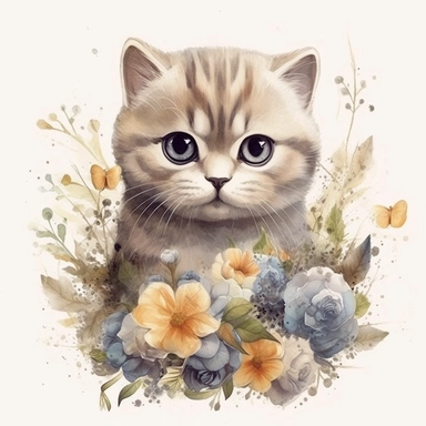 3D,Watercolor hyperdetailed ultra realistic cliparts of cute baby Scottish Fold cat and flower including intricate details expressive eyes,style of Anna Süßbauer and Jon Klassen,cinematic,Photography, Fantasy Background, masterpiece, trending on Artstation and Dribbble.--ar 2790:2465