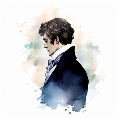 Jane Austen: General - Elegant silhouette of Mr. Darcy clipart watercolor, white background, highly detailed, photorealistic, high quality, light pastel colors, romantic, delicate, feminine, florals, lots of details