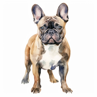 full perspective, watercolor french bulldog dog clipart, on a white background