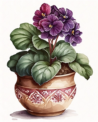 african violet burgundy flower in cute pot with ornament, watercolor style, hand painted, white background, tempera clipart