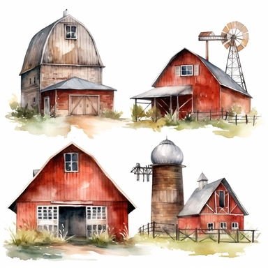 Watercolor Barns Clipart. Farm Style. Red Barn House, Horse, Tractor, Windmill, Wood Gate Illustrations. Wedding Invitation DIY white background