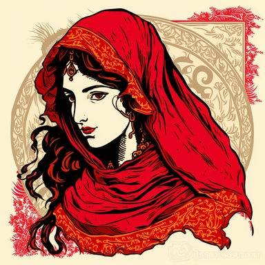 clipart. In this image, we see a stunning depiction of a beautiful and attractive young princess in atrabian Ali Baba Style, surrounded by red transparent fabric. The princess is portrayed in vivid detail, with intricate designs and patterns that add to her sense of beauty and elegance. The Ali Baba Style adds a sense of adventure and wonder to the image, with the Arabian princess representing a strong and independent heroine who commands attention and respect. Her hypnotizing gaze adds to her s