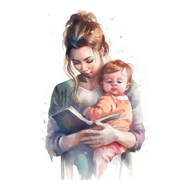 watercolor style, female book lover clipart, holding a little baby girl crying, isolated on white background, 4K
