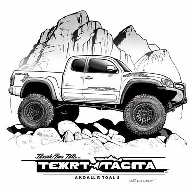 vector logo, 2010 Toyota Tacoma 4x4 truck rock crawling on top of giant granite boulders , side view, 4x4, monster truck wheels, flared fenders, Black and White Line art, white background, clipart