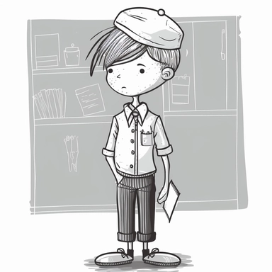 boy dressed, work uniform, realistic uniform, different cultural, simple ,informative, clipart style, children book colouring art, no colour, cute, kid friendly, black and white, cartoon style, vector image, simple, line art style, white background, local food, animal, educational,diversity, picture book style, captivating,Ar 2:3