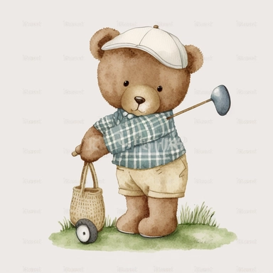 cute Teddy Bear playing golf and wearing vintage golf summer clothes Illustration, Sublimation graphics, by Beatrix Potter, Watercolor clipart, single design, white background