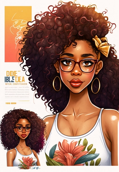2d watercolor clipart kawaii, ssummer, character of beautiful african american woman, Intricately rendered dark Skinned woman, full body portrait, intricately rendered, 8k, long thick curls brown hair, sparkles, generously detailed, hyper realistic, digital, long eyelashes, beautiful retro comic urban chick, smart, books, nerdy, glasses, 4k,