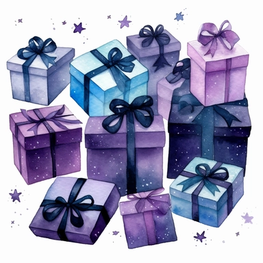 This watercolor Clipart of eleven gift boxes by Thomas W. Schallerof features a galactic design with shades of purple, blue, and black. The box is rectangular in shape and tied with a black ribbon and a small star charm.