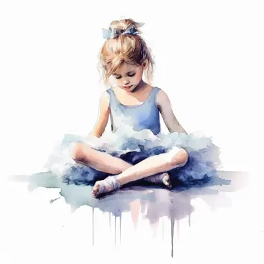 watercolor style, little ballerina in sitting position girl of 5 years old clipart, isolated on white background, hd