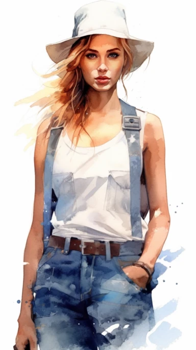 watercolor stylized clipart of a gorgeous irish woman bombshell in a white croptop and denim overalls, posing, epic light, chaotic,
