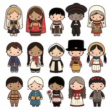 simple, traditional costumes, local foods, and animals, diverse characters, educational, history, and cultural diversity, clipart style, cute, picture book style, captivating, kid friendly cute character, black and white, coloring book style, cartoon style, vector image, simple, line art style, character, white background