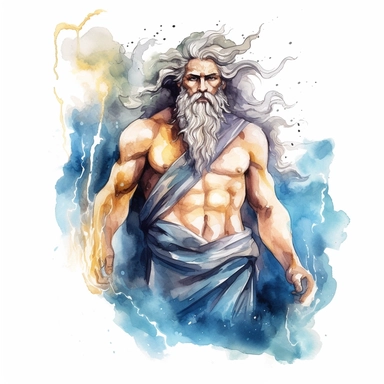 A captivating watercolor clipart illustration featuring Zeus, the mighty Greek god of the sky and thunder. This clipart artwork depicts Zeus with an air of regality and power. He is portrayed with a commanding presence, holding a thunderbolt in his hand, symbolizing his control over lightning and storms. Zeus' flowing beard and majestic demeanor convey his status as the king of the gods. The watercolor medium adds a soft and ethereal quality to the illustration, with delicate brushstrokes and vi