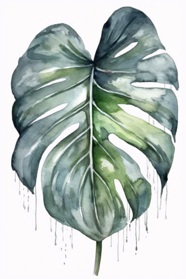watercolor clipart illustration of a Philodendron gloriosum leaf green and grey, in the style of meticulous design, minimalistic serenity, light turquoise and dark white, oil paintings, dark green and light crimson, naturalistic poses, imitated material