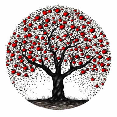 clipart, black outline of a tree, seperant and one red apple, all in a circle, white background