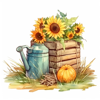 make a clipart of a large, rustic square hay bale with a watering can sitting on it with sunflowers, use watercolor style, pastel colors