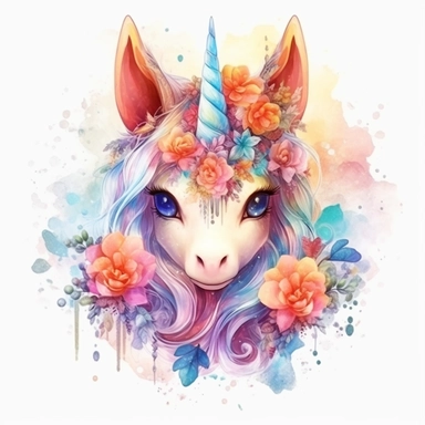 High level watercolor, hyper realistic cartoon, transparent background with margins, 8k, ultra detailed clipart, cute colorful unicorn, with big cute eyes, flower, and shimmering fairy dust, magical pattern, cool, fairy