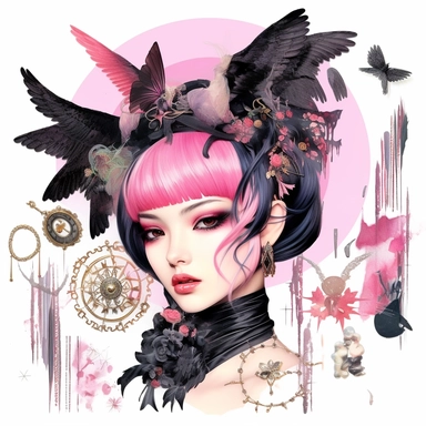 gothic clip art page white background photo realistic beautiful woman, Quilt design of portrait of a woman In the style of collage in swamp wedding makeup card captor sakura anime, candy candy, Phantom Thief Saint Tail, card captor sakura, pink mexican city, amazing, soft pastels, turquoise, shiny, neon, glitter and feathers, Jeremy Mann, Aleah Chain, leonadro da vincidroberto ferri sadness solitude death fashion, Intricate, watercolor, oil painting, pastelpunk, passionpunk, heart-core, lisa fra