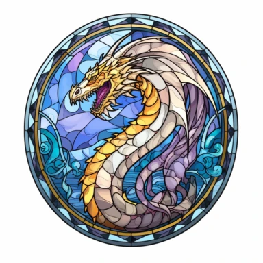 Gothic arched doorway window,minimalist stained glass-inspired artwork with an dragon within a circular shape, showcasing transparency, simplicity, and luminous light colors in a stained glass style clipart on a white background. light colors simlisistic design Translucent effects add enchantment to the dragon within the arched doorway window.
