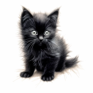 A fuzzy black kitten, playing, color pencil sketch on a white background for clipart