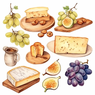 Watercolor cheese platter with wallnuts and grapes and raisins and figs nicely placed along with cheese on a very large wooden flat plate or cutting board, illustrations clipart set, simple, soft colors, cartoon elements, different variants, cheese from around the world, wooden elements, separate elements with a margin