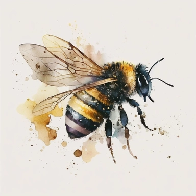 Envision a charming watercolor clipart capturing the essence of a honey bee. The bee is portrayed with delicate brushstrokes, showcasing its vibrant yellow and black stripes, as well as its translucent wings in graceful flight. The watercolor technique adds a touch of softness and depth to the artwork, with gentle blends of warm yellows, earthy browns, and hints of shimmering gold. The bee is depicted in a natural setting, surrounded by blossoming flowers painted with lively, vivid colors, refle