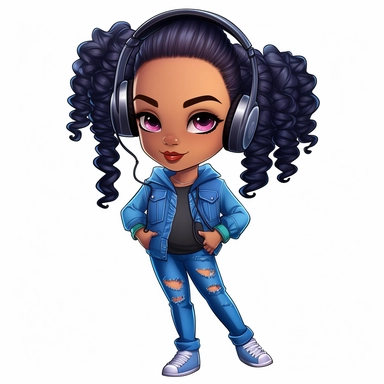 hip hop girl, wearing headphones, high heels, blue jeans, Coiled Bun, clipart, transparent, wearing jewelry, clip art, as a Inspired Chibi and Kawaii Style