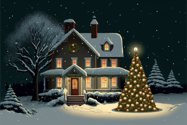 Stunning Vector clip art Christmas scene. frosty winter evening, snow is falling gently outside. The Christmas scene is one of festive cheer, as a cozy house is adorned with twinkling Christmas lights and colorful decorations. A tall Christmas tree with ornaments, gifts, decorations stands proudly in the front yard, its branches glistening with snow. The house itself is a picture of holiday cheer. Its windows are adorned with wreaths and garlands, and a wisp of smoke curls from the chimney. The 