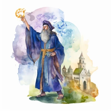 medieval bearded merlin magician casting a spell toward a castle with bright energy around him watercolor clipart no fonts no words no letters