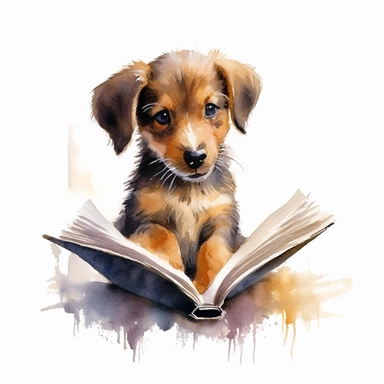 A cute puppy reading a book, watercolor painting by Thomas W. Schaller, clipart, white background