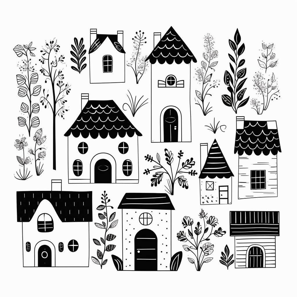 black and white doodle houses for clip art, house vector clipart, in ...