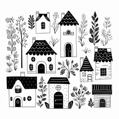 black and white doodle houses for clip art, house vector clipart, in the style of detailed botanical illustrations, simple minimal line art