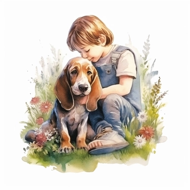 close up high detailed, Hand drawn watercolor clipart of a cute Bassett Hound hugged by a child garden, on a white background