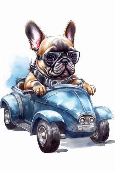 frenchie bulldog baby driving a car, cute, adorable, unique, watercolor, clipart, high quality, superhero, realistic, 8k