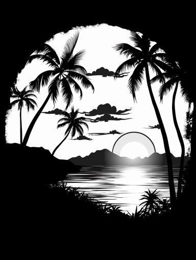 silhouette of seaside with palms, sea and sun, black and white, vector, clipart
