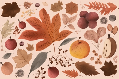 autumn, acorn, berries, pumpkins and leaves clip art, in the style of harriet lee-merrion, nature-based patterns, colorful animation stills, grandma moses, naturecore, adventurecore