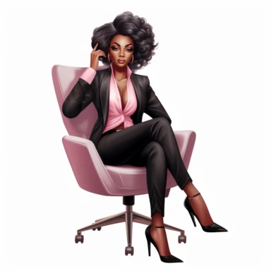 Black woman, ceo boss* * Boss lady black girl clipart, pink hair, pink blouse with puff sleeves, black pants, black girl seated, beautiful black girl, white background,