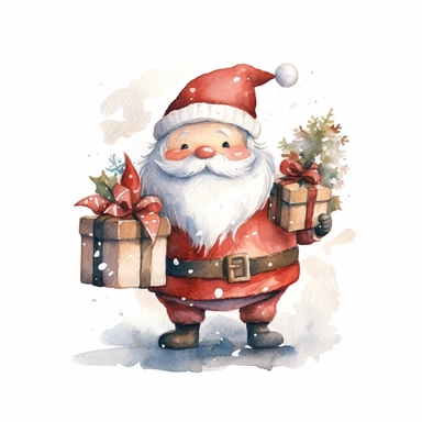 cute watercolor cartoon santa delivering gifts clipart