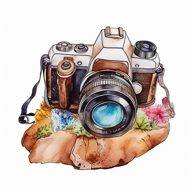 Watercolor colorful on the hill flowerTravel Camera Sublimation Clipart desert cartoon t-shirt graphic, vector,contour, isolated on a white background