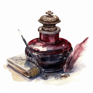 watercolor, hyper realistic, no background, have margins, 8k, ultra detailed clipart, no text, no logo, no trademark a victorian-style inkwell and a quill pen, burgundy