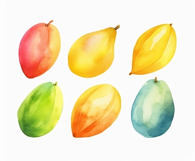 watercolor four cut Mango fruits clipart, flat style, no volume, few details, washed out, minimalistic style, very lose details, very light colors, transparent colors, light airy hues and pastel tones, spaced out, white background, washed out colors and paint, hand-painted watercolor, watercolor spray, watercolor splash, splatters and paint smudges on top of each Mango, watercolor paper with visible rough paper texture, a variety of watercolor brushes, do not cross workspace borders, rough water