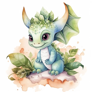 Cute happy Watercolor misterious Baby Dragon Clipart, on a white background--s 1000