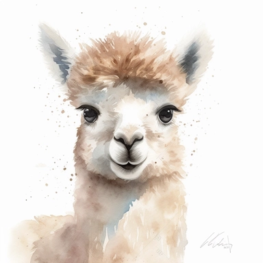 Close-up of a cute baby alpaca in watercolor, rendered in soft pastel colors on a white background. Clipart. The alpaca has an innocent and cheerful expression on its face. Its fluffy fur is painted with gentle strokes of the brush to give it a soft and warm appearance. Its large, round eyes and tiny ears give it a heart-melting look. The background is plain white to highlight the baby alpaca.