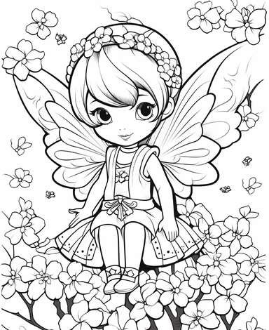 asian Cherry Blossom Fairy, with wings, surrounded by blooming cherry blossom trees, Kawaii for a childrens book, cartoon style, thick lines, black and white, no shading, line drawing illustration, no kid faces, no duplicate faces, blurry, drawing, cartoon, illustration, painting, concept art, cgi, unreal, anime, black&white, b&w, picture frame, deformed, bad anatomy, disfigured, poorly drawn face, mutation, mutated, extra limb, poorly drawn hands, done by bad-artist, ugly, dazed, 3D render, 3D 