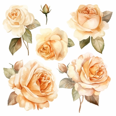 Brown to cream roses in the style of Rachel Ann Austin, Watercolor texture, Roses, clipart set, white background, 8K, I can't believe how beautiful this is,