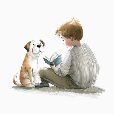 a dog sitting next to a toddler boy reading a book, watercolor and ink drawing, clipart, happy, gentle smile, beautiful watercolor ink wash coloring, thick pencil lines, Jon klassen, Adrian tomine, popular on etsy, watercolor illustrations clipart, watercolor illlustrations for kids and children, book illustrations, plain white background