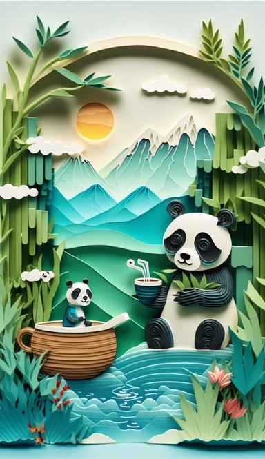Multidimensional Paper - cut craft , paper illustration , tunne , multi dimensional paper quilling,Chinese landscape illustration,greenish-blue,coffee cup ,Cute baby panda saying hello, standing beside bamboos, watercolor style, cute style, clipart, no words, hd image.best quality, ultra-detail, 3d rendering , Octane render , elevationperspective ,diversity