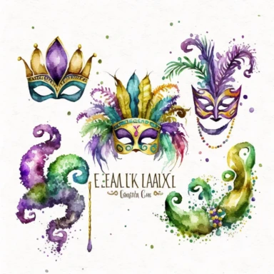 watercolor clipart, Louisiana Mardi Gras, white background--s 500