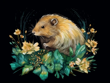 deep emerald gold watercolor Muskrat with flowers plants clipart, golden metallic lines and some glitter, shining colors, dark background, 8k, high resolution