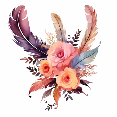 Design an auto sticker that exudes bohemian elegance through a combination of boho feathers and watercolor floral clipart bouquets. Let the graceful feathers and vibrant flowers create a captivating visual dance. Allow this design to reflect the free-spirited and sophisticated nature of the boho aesthetic.