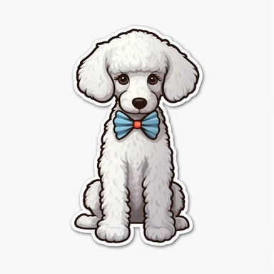 full body poodle dog sticker with bow on head, modern style animated, white background, cute eyes, die cut sticker, no image noise, clipart, no hyper detailed lettering, maximum detail-8k